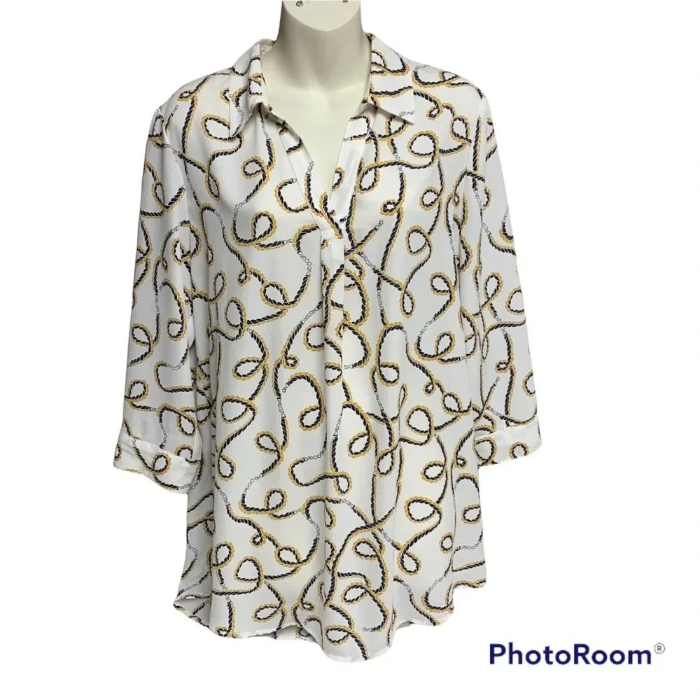 Anne Klein white/blue/brown nautical themed top size M